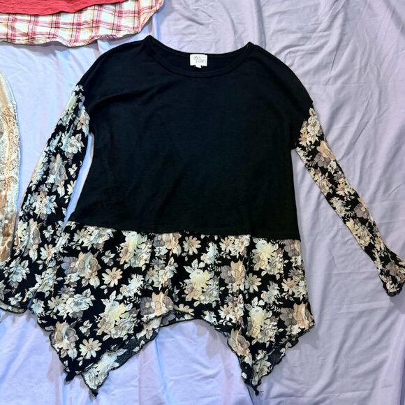 THREE 2-in-1 Layered-Look tops (S/S Orange plaid, L/S Black and Beige) BIG SMALL - Picture 8 of 11